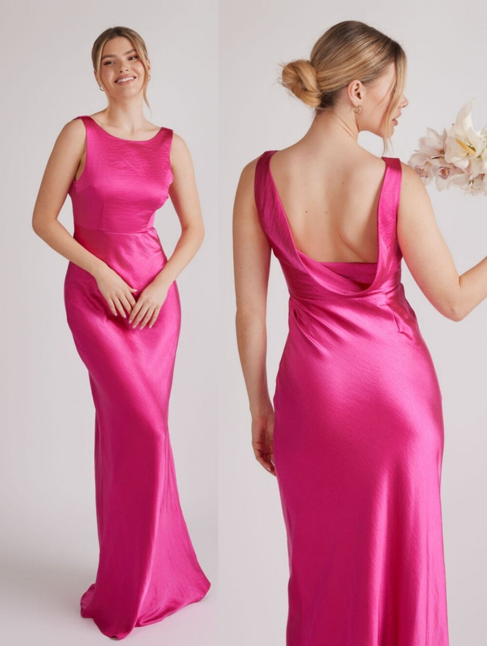 Six Stories Bridesmaid satin cowl V-back maxi dress in Fuchsia Pink Size 10